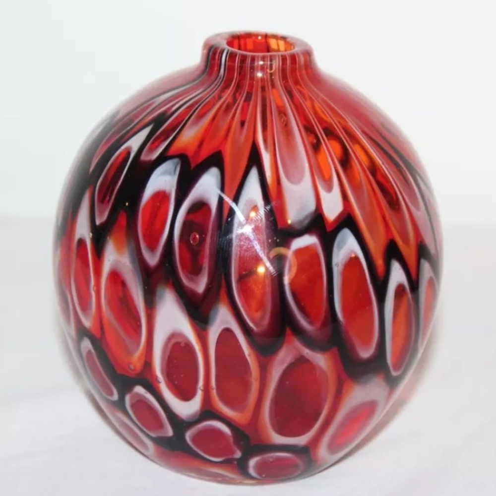 Modern Art Glass Blown Bud Vase Red Black & White Color Oblong Shapes